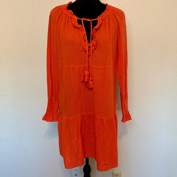 J. Crew Long Sleeve Textured Gauze Dress Ruffle Neck Tassels Red Orange Medium - Picture 15 of 15